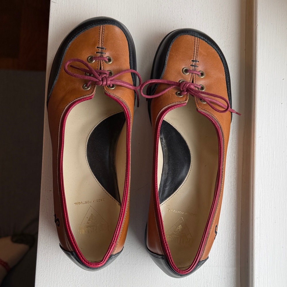 John Fluevog Brown and Black Flats with Burgundy Laces